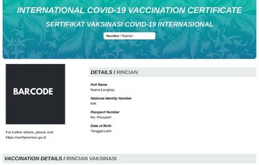 Tangkapan layar sertifikat vaksin internasional standar WHO yang dikeluarkan Kemenkes.