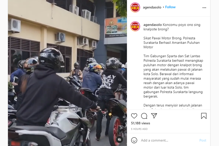 Tangkapan layar video viral puluhan pengendara motor berknalpot brong diamankan Polresta Surakarta, Rabu (12/5/2021) pagi.