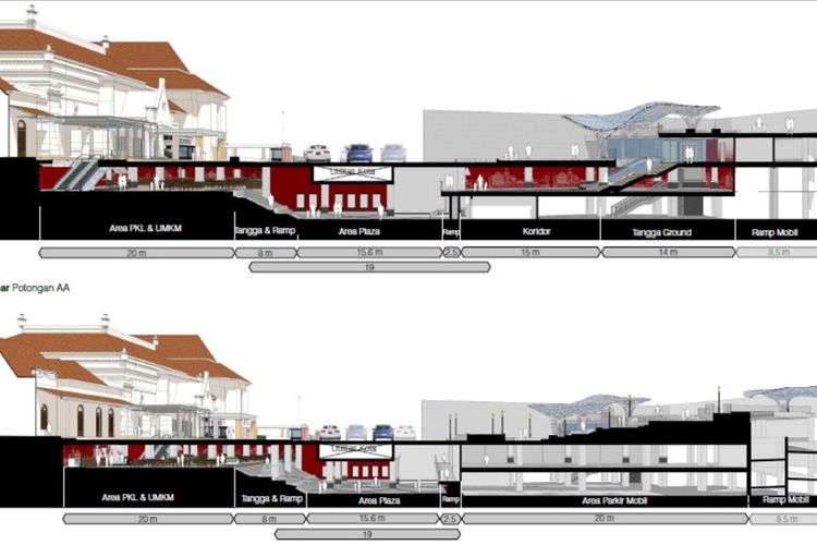 Desain basement Alun-alun Surabaya terletak di permukaan tanah dan di bawah Jalan Pemuda Nomor 17, di bawah Jalan Yos Sudarso, serta basement Balai Pemuda.