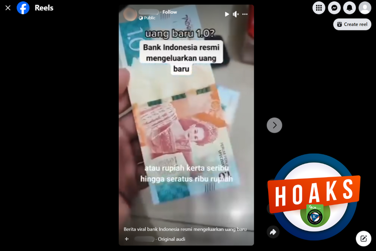 Tangkapan layar konten hoaks di sebuah akun Facebook, soal uang baru pecahan Rp 1.0 yang dikeluarkan oleh Bank Indonesia.