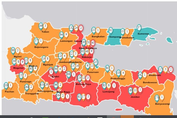 Jumlah kasus positif Covid-19 di Jawa Timur bertambah per Sabtu (28/3/2020) pukul 16.00 WIB. Jumlah kasus postif corona dari 66 kasus bertambah 11 kasus menjadi 77 kasus.