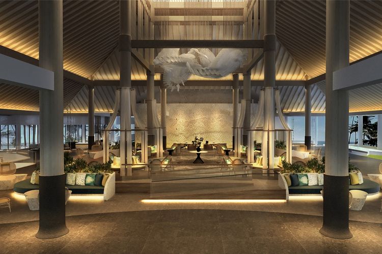 Tampilan lobi Mövenpick Bintan Lagoon Resort dari jaringan hotel Accor, yang akan dibuka pada tahun 2023 mendatang di Pulau Bintan, Riau. 

