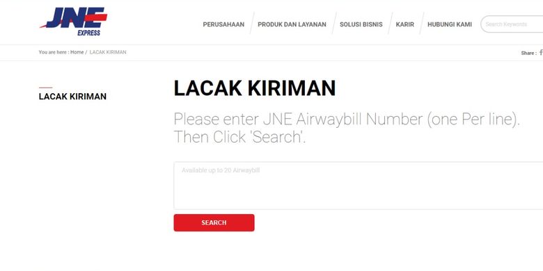 Cara lacak kiriman JNE secara online via website www.jne.co.id/id/tracking/trace