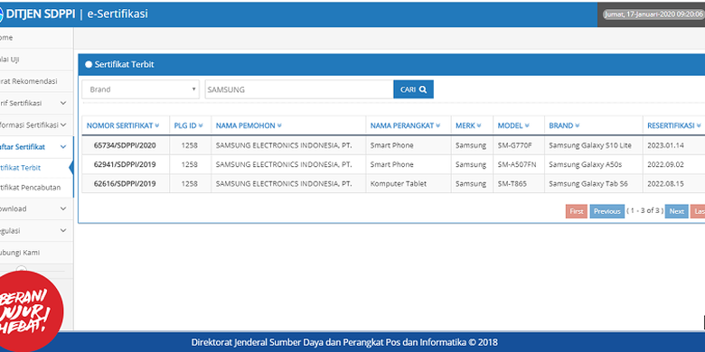 Tangkapan layar sertifikasi Galaxy S10 Lite di laman Postel Ditjen SDPPI Kemenkominfo.