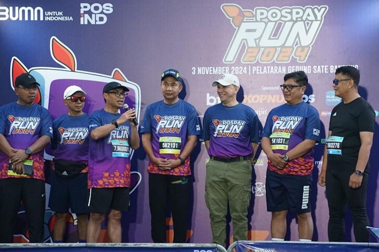 Direktur Utama Pos Indonesia Faizal R Djoemadi saat memberikan sambutan pada Pospay Run 2024.