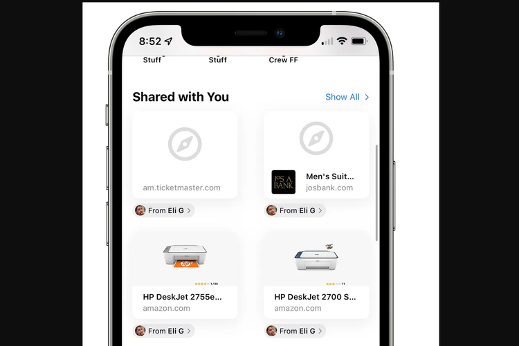 Tampilan fitur Shared with you yang hadir bersamaan dengan pembaruan sistem operasi iOS 15.