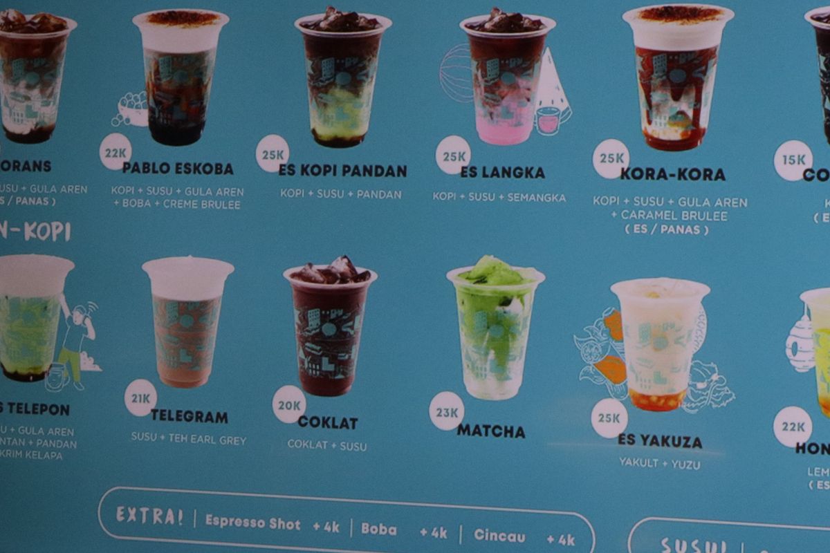 Daftar menu Kokali, menunjukkan harga minuman yang ditulis dengan singkatan K