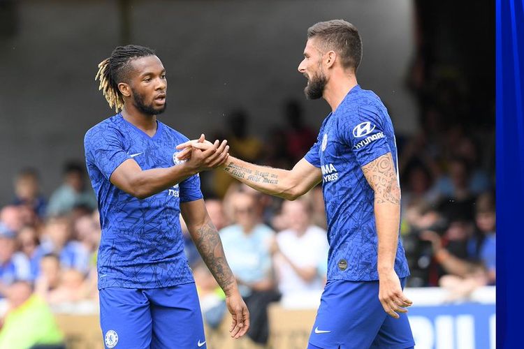 Olivier Giroud menyempurnakan kemenangan The Blues pada laga St Patricks vs Chelsea di Dublin, 13 Juli 2019. 