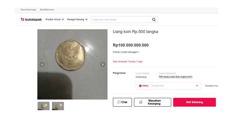 Tangkapan layar uang Rp 500 rupiah di salah satu marketplace yang dijual dengan harga Rp 100 miliar.