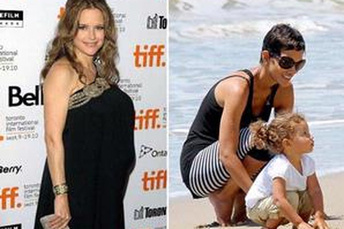 Kelly Preston (kiri), hamil lagi di usia 47 tahun. Halle Berry (kanan), pengidap diabetes, melahirkan putri pertamanya di usia 42 tahun.