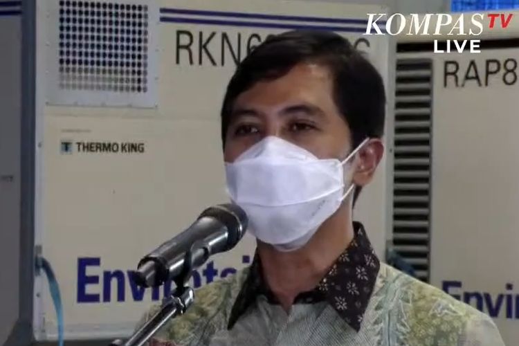 Screen grab of Deputy Health Minister Dante Harbuwono speaks at the Soekarno-Hatta International Airport as 10 million doses of bulk vaccine from China's Sinovac arrive in Indonesia on Tuesday, March 2, 2021. 