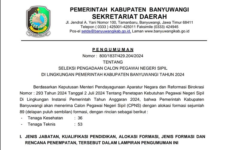 Pengumuman seleksi dan formasi CPNS 2024 di lingkungan Pemerintah Kabupaten Banyuwangi.