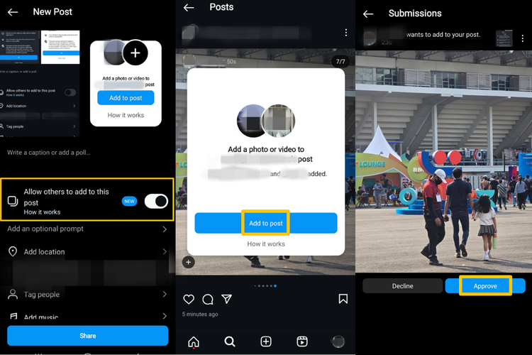 Tampilan fitur baru Instagram Adding to a post. Pengguna harus mengaktifkan fitur ini terlebih dahulu agar orang lain bisa ikut menambahkan foto/video ke carousel feed. 