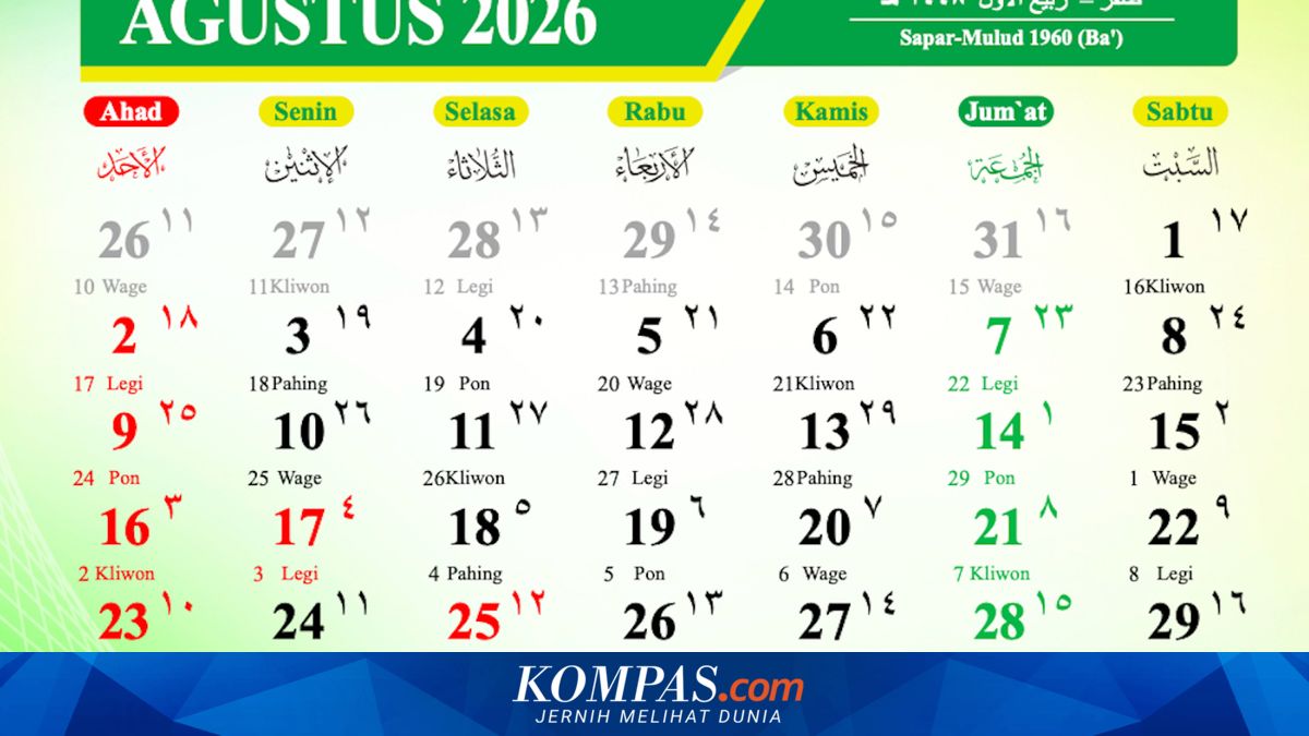 Cek Kalender Agustus 2026, Ada 7 Tanggal Merah dan 2 Long Weekend