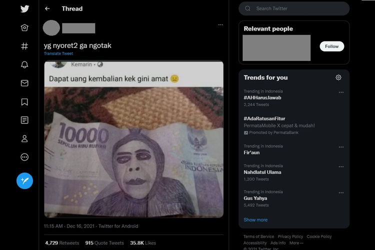 Tangkapan layar yang Rp 10.000 penuh coretan yang viral di Twitter.