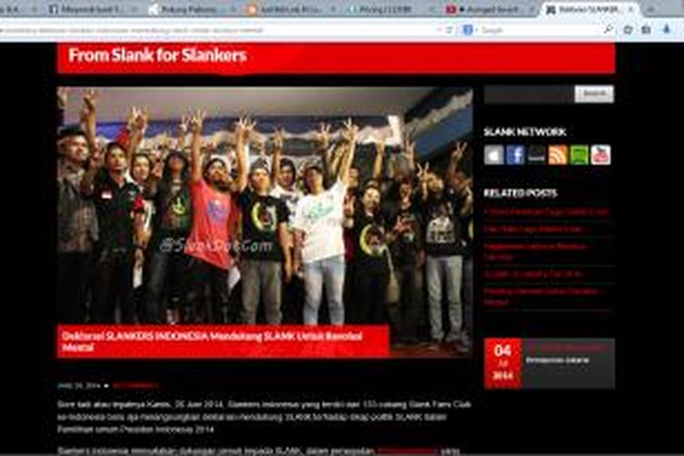 Situs web kelompok musik Slank memuat artikel deklarasi dukungan Slankers Indonesia terhadap Revolusi Mental yang diusung calon presiden Joko Widodo dan Jusuf Kalla.
