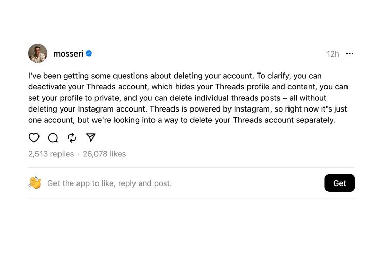 Tangkapan layar penjelasan CEO Instagram, Adam Mosseri, mengenai penghapusan akun Threads.