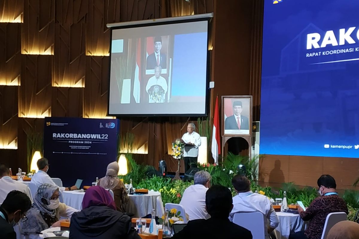 Menteri Pekerjaan Umum dan Perumahan Rakyat (PUPR) Basuki Hadimuljono dalam Rakorbangwil Program 2024 di Auditorium Kementerian PUPR, Jakarta, Senin (31/10/2022).