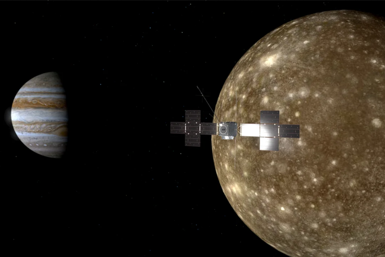 Ilustrasi misi Juice. Wahana antariksa ESA ini akan melakukan penerbangan lintas di satelit Jupiter.
