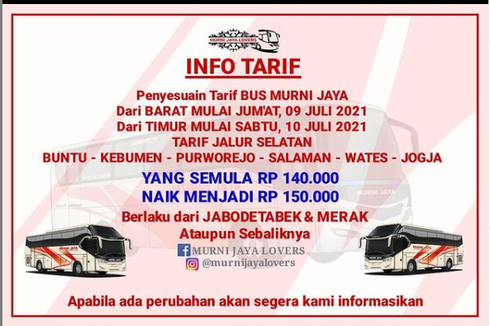 Tarif PO Murni Jaya Jalur Selatan Naik Mulai 9 Juli 2021