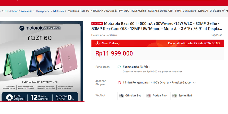 Harga HP lipat Motorola Moto Razr 60 di Indonesia.