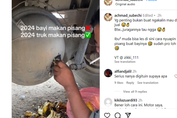Video seseorang tengah memasukan pisang ke tangki oli truk