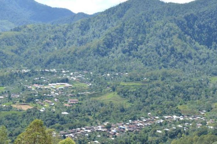 Perkampungan Lembah Colol, Kecamatan Pocoranaka Timur, Kabupaten Manggarai Timur, Flores, Nusa Tenggara Timur yang diapit pegunungan dan perkebunan kopi, Kamis (23/2/2017). 