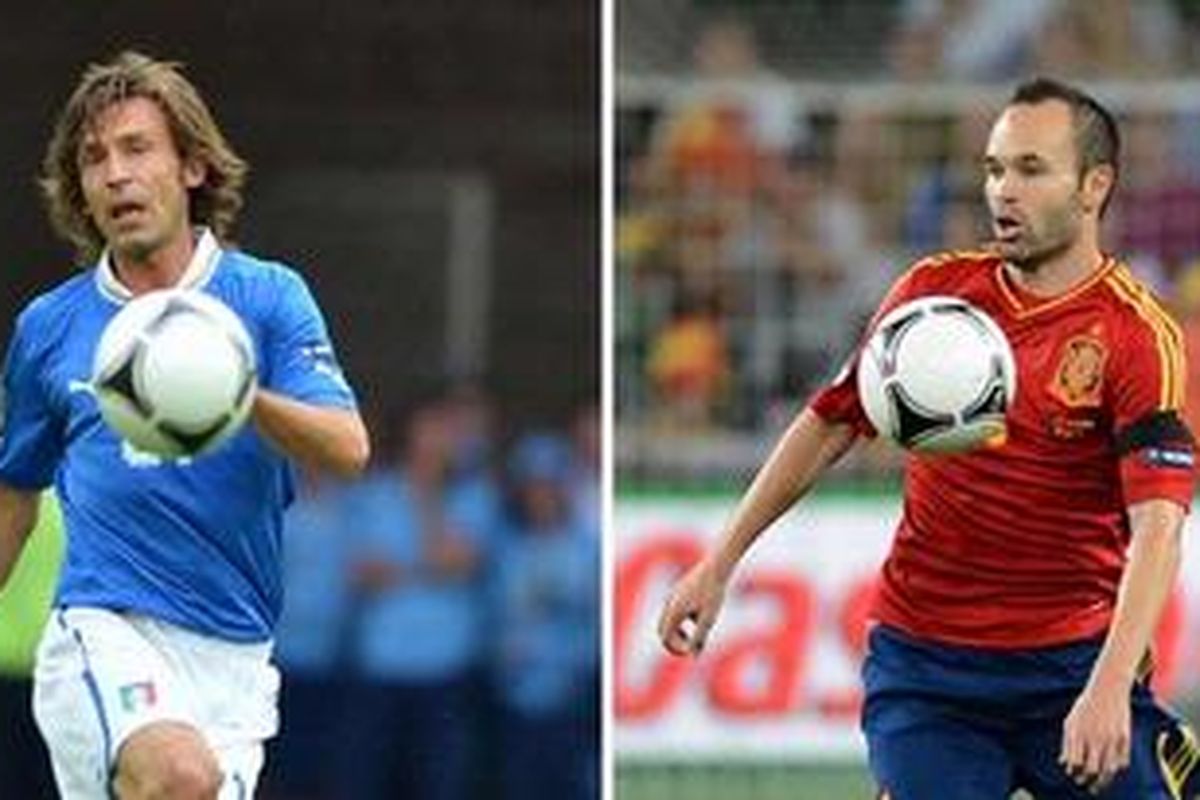Andrea Pirlo (kiri) dan Andres Iniesta, dua maestro yang akan bertarung di final Piala Eropa 2012, Minggu (1/7/2012).