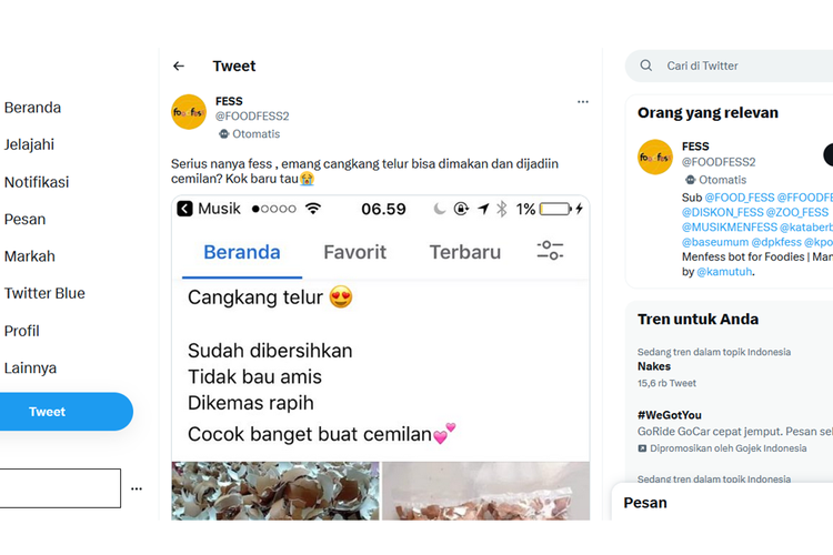 Tangkapan layar unggahan yang menyebut cangkan telur ayam bisa dijadikan camilan