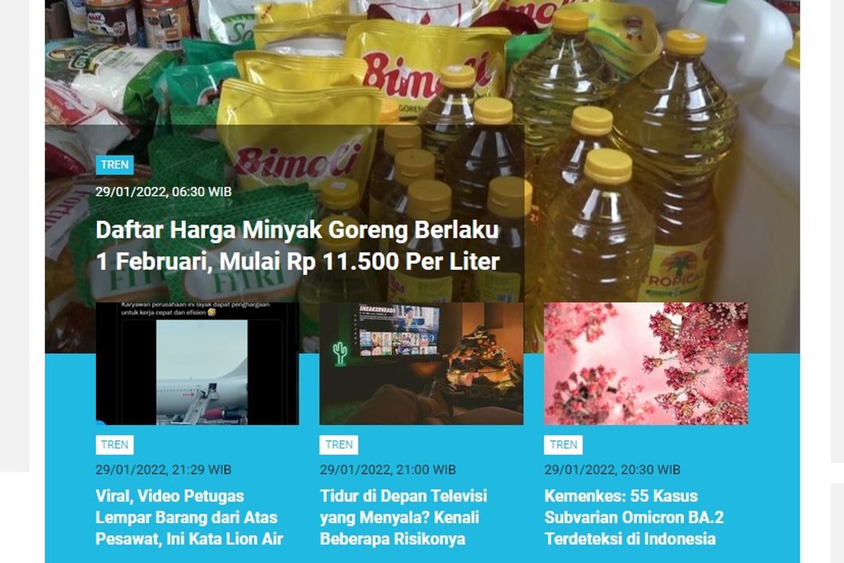 Tangkapan layar berita populer di laman Tren sepanjang Sabtu (29/1/2022) hingga Minggu (30/1/2022) pagi.