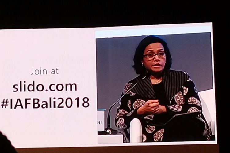 Menteri Keuangan Sri Mulyani sebagai pembicara dalam salah satu panel di acara indonesia Africa Forum (IAF) 2018 di Nusa Dua, Bali, Selasa (10/4/2018)