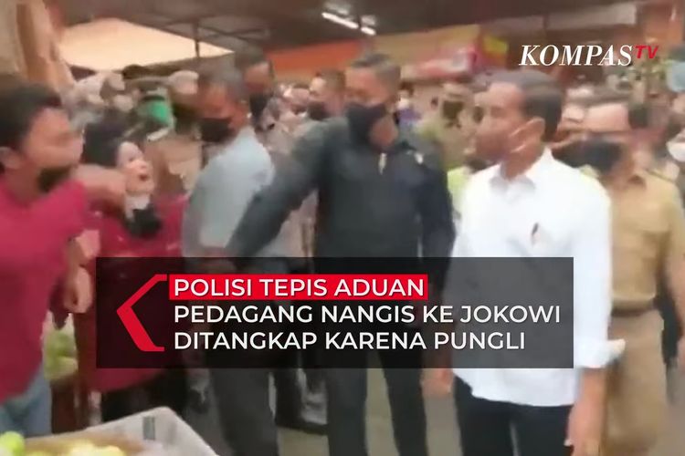 Seorang pedagang di Pasar Bogor menangis histeris ke Presiden Joko Widodo. Pedagang perempuan itu mengadukan soal pamannya, Ujang Sarjana, yang disebutnya telah ditangkap polisi karena menolak pungli. Momen ini terjadi saat Jokowi berkunjung ke Pasar Bogor, Kamis (21/4/2022). 