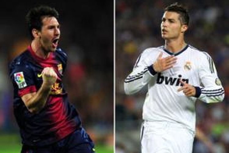 Pemain Barcelona, Lionel Messi (kiri), dan pemain Real Madrid, Cristiano Ronaldo (kanan).