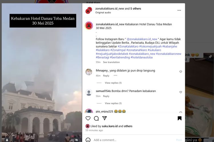 Hotel Danau Toba Internasional Medan di Jalan Imam Bonjol, Kecamatan Medan Polonia, Medan, Sumatera Utara, terbakar pada Jumat (30/5/2025) malam.
