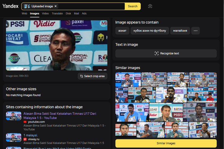 Tangkapan layar pencarian gambar di Yandex, menampilkan jumpa pers Bima Sakti jelang kualifikasi Piala Asia U17 pada 3 Oktober 2022. 