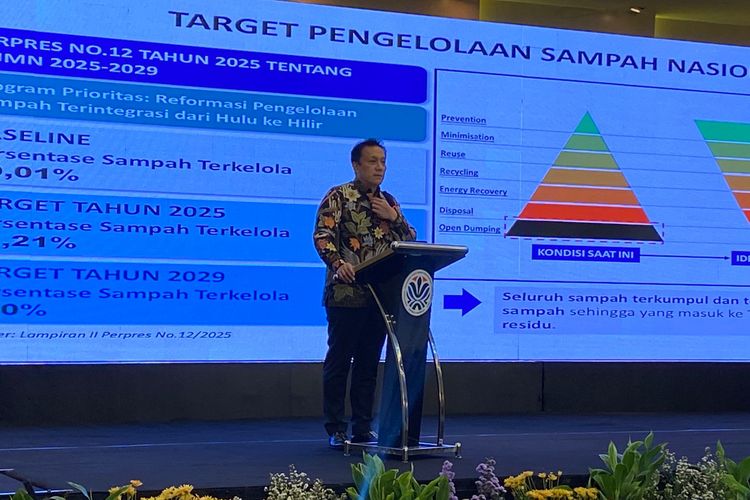 Wakil Menteri Lingkungan Hidup, Diaz Hendropriyono, menjelaskan soal proyek Waste to Energy, di Jakarta Pusat, Selasa (21/10/2025). 