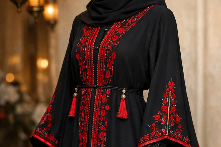 Gaya elegan abaya hitam detail bordir merah.