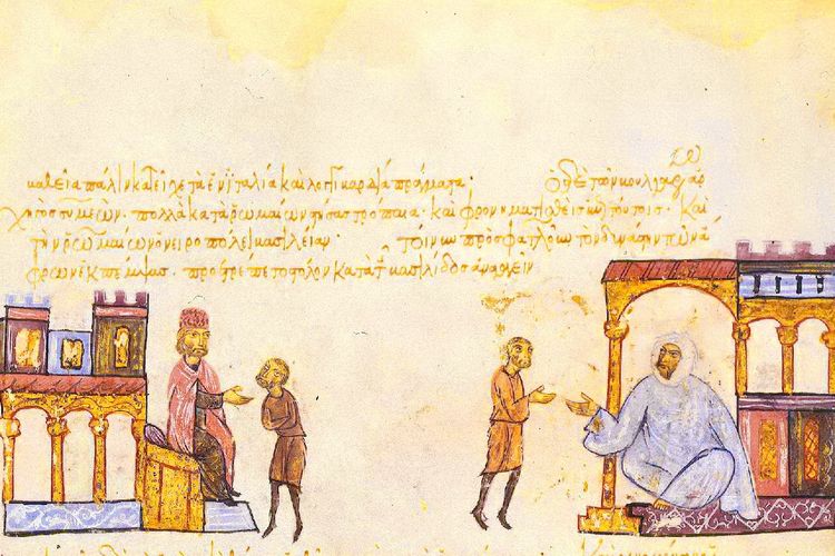 Ilustrasi Kaisar Bulgaria Simeon (kiri) mengirim utusan ke Khalifah al-Mahdi (kanan) dari Dinasti Fatimiyah.