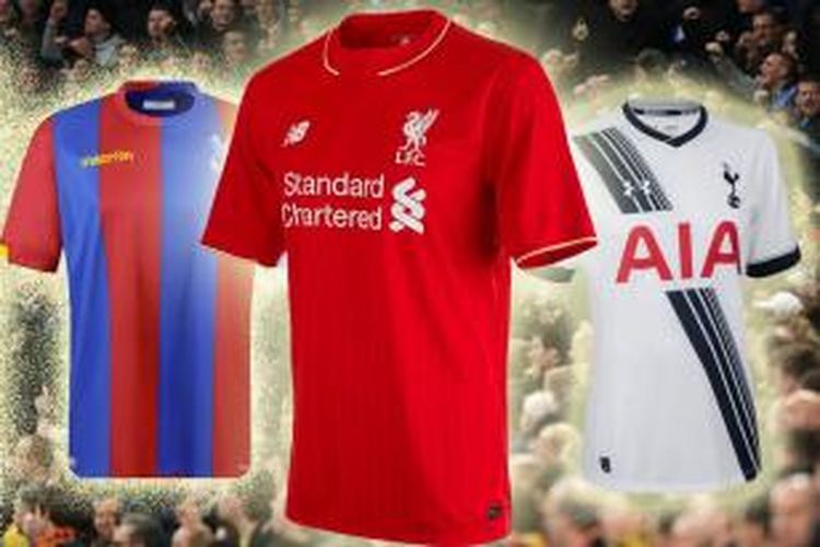 Seragam Crystal Palace, Liverpool, dan Tottenham Hotspur untuk musim 2015-2016.