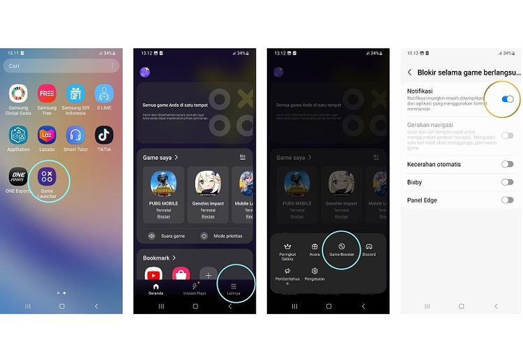 Tangkapan layar langkah-langkah memblokir notifikasi lewat Game Launcher Samsung A33 5G.