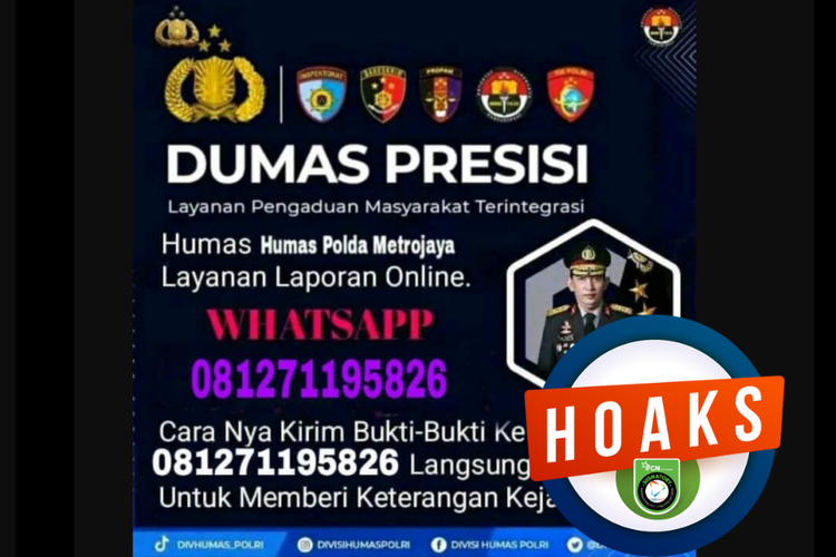 Tangkapan layar poster digital yang beredar di media sosial menginformasikan nomor WhatsApp layanan pengaduan mengatasnamakan Polda Metro Jaya.