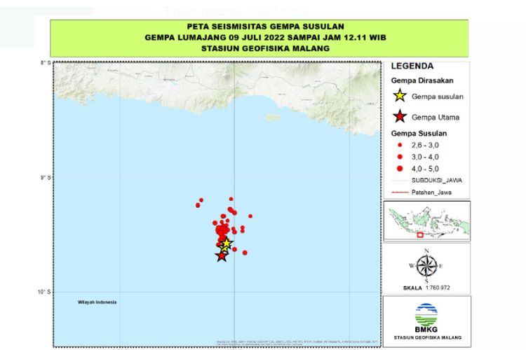 Tangkapan layar peta seismisitas gempa susulan dari gempa Lumajang, Sabtu (9/7/2022).