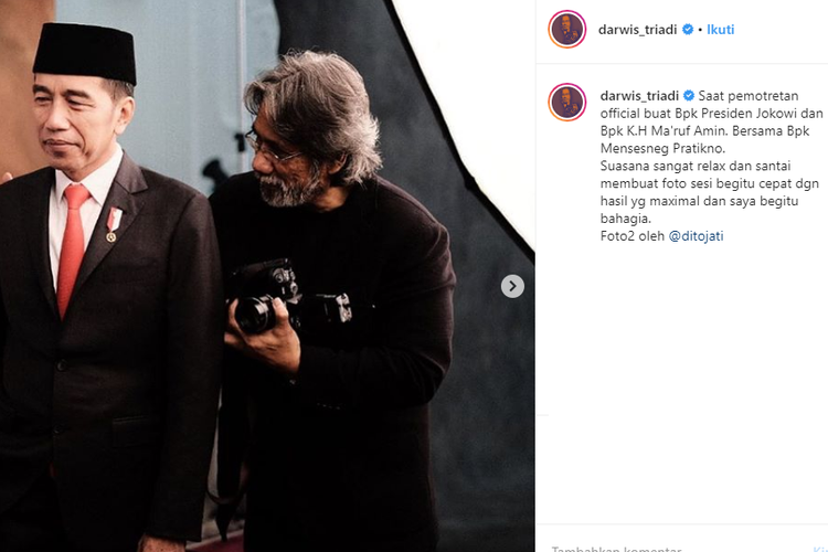 Tangkapan layar unggahan fotografer senior Darwis Triadi yang berbagi tentang kisahnya memotret foto resmi Presiden dan Wakil Presiden 2019-2024, Joko Widodo dan KH Maruf Amin.