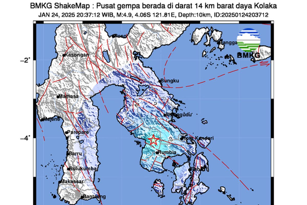 Gempa berkekuatan M 4,9 menguncang Kabupaten Kolaka Timur, Provinsi Sulawesi Tenggara (Sultra), Jumat (24/1/2025) pukul 21.37 Wita.

