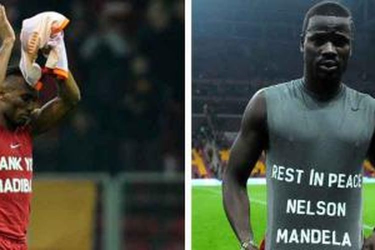 Dua pemain Galatasaray asal Pantai Gading, Didier Drogba (kiri) dan Emmanuel Eboue mengenakan kostum dengan tulisan yang intinya menghormati mantan Presiden Afrika Selatan, Nelson Mandela, dalam sebuah pertandingan di Liga Turki antara Galatasaray dan Elazigspor, Jumat (6/12/2013), di Turk Telekom Arena, Istanbul. 