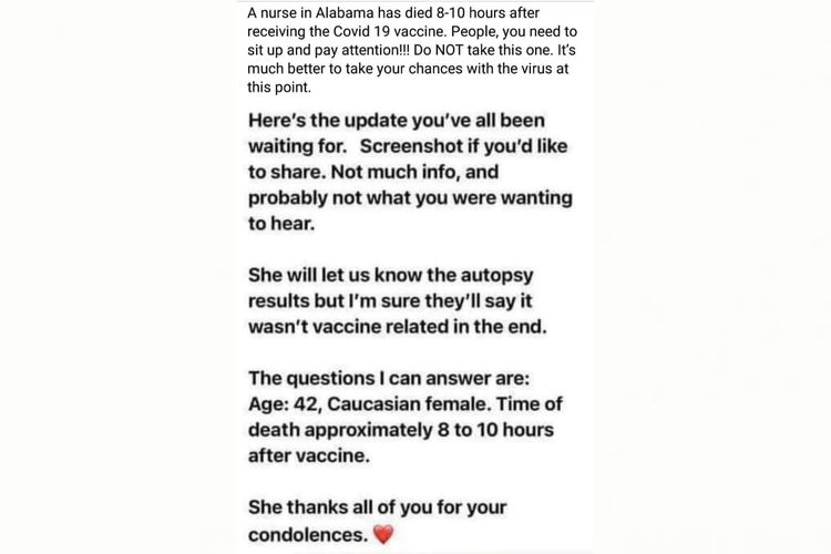 Status Facebook hoaks mengenai seorang perawat di Alabama, AS, meninggal dunia setelah menerima vaksin virus corona.