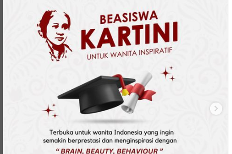 Pendaftaran beasiswa Kartini 2023 dibuka hingga Maret 2023. Beasiswa ini berikan total beasiswa sebesar Rp 30 juta.