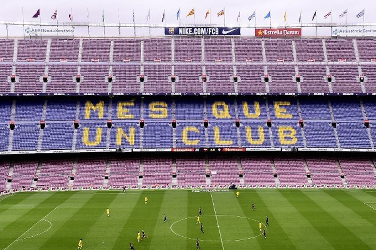 Suasana Stadion Camp Nou yang kosong pada laga Barcelona vs Las Palmas, 1 Oktober 2017. Barca harus bermain tanpa penonton setelah Liga Spanyol menolak permintaan mereka untuk menunda laga di tengah referendum Catalunya.