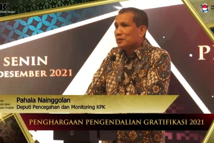 Tangkapan Layar Deputi Pencegahan dan Monitoring KPK, Pahala Nainggolan di acara Penghargaan Pengendalian Gratifkasi 2021, Senin (6/12/2021).