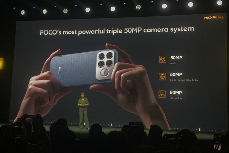 Poco F8 Ultra dibekali tiga kamera belakang 50 MP, termasuk kamera telefoto persikop.
